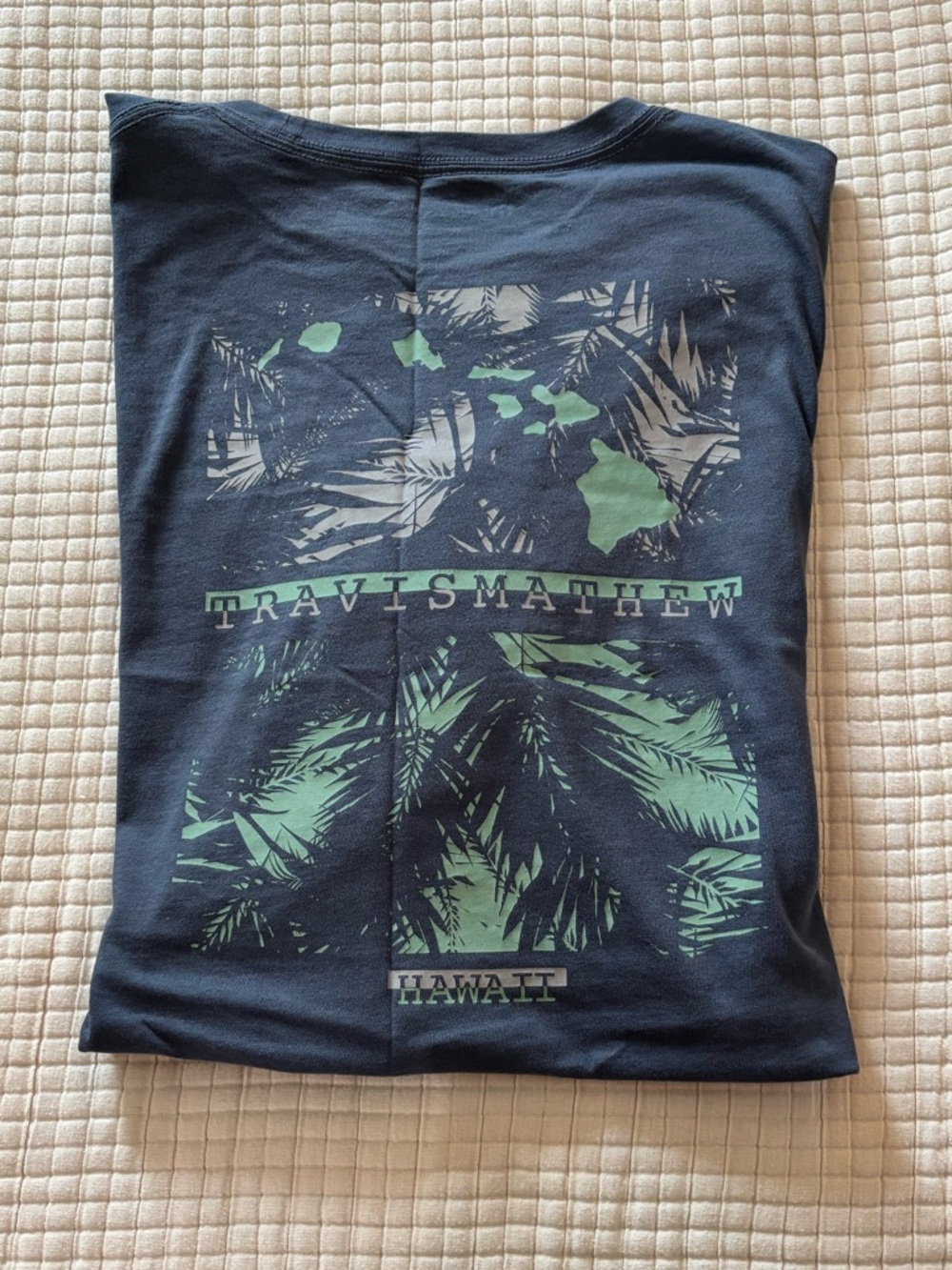 Travis Mathew Navy Tee with Light Green Palm & Island Print